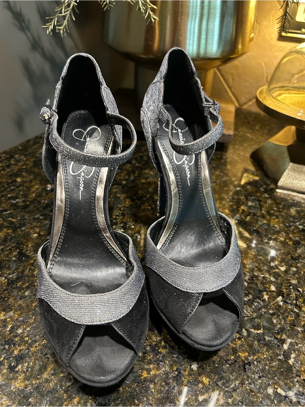 Jessica Simpson black and silver platform peep-toe heels